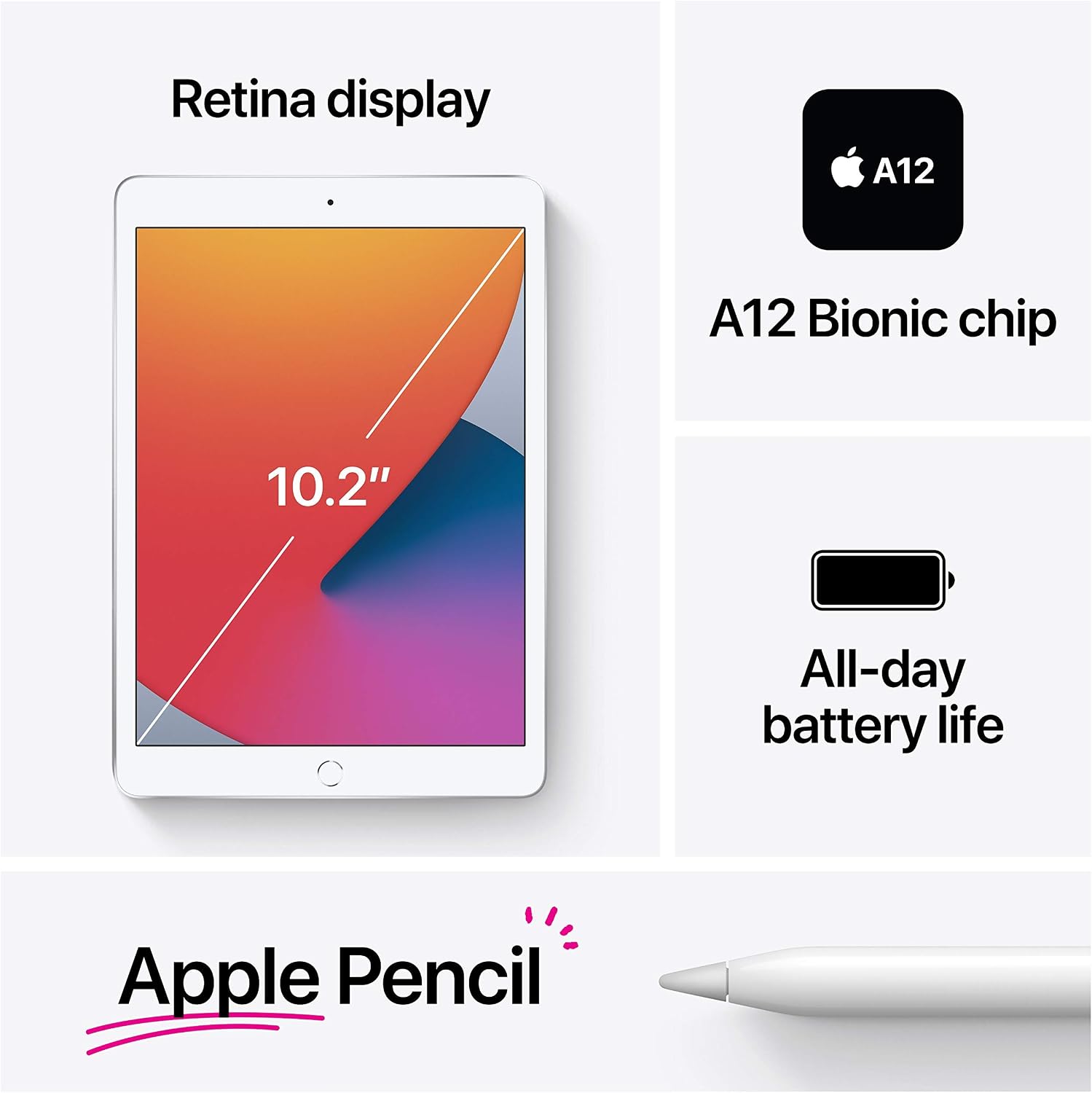 Apple iPad (8th Generation, 10.2-inch, 2020), 32GB, Wi-Fi + Cellular, Silver (Refurbished)