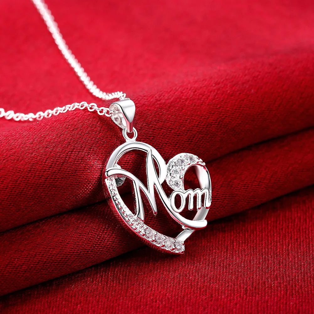 45cm Charms 925 Sterling Silver Elegant MOM Crystal Heart Pendant Necklace for Women Fashion Fine Luxury Designer Jewelry Gifts