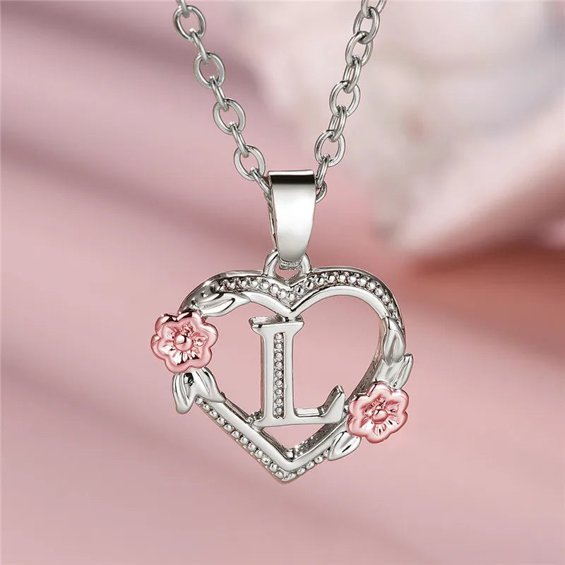 Cute Female A-Z Letter Flower Pendant Necklace Silver Color Wedding Jewelry Gift For Women