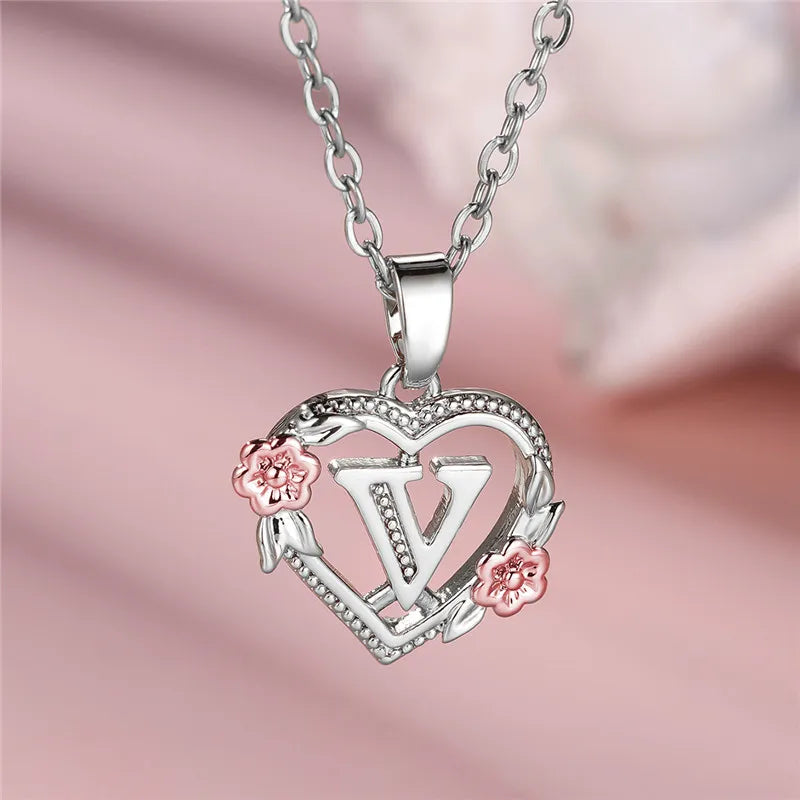 Cute Female A-Z Letter Flower Pendant Necklace Silver Color Wedding Jewelry Gift For Women