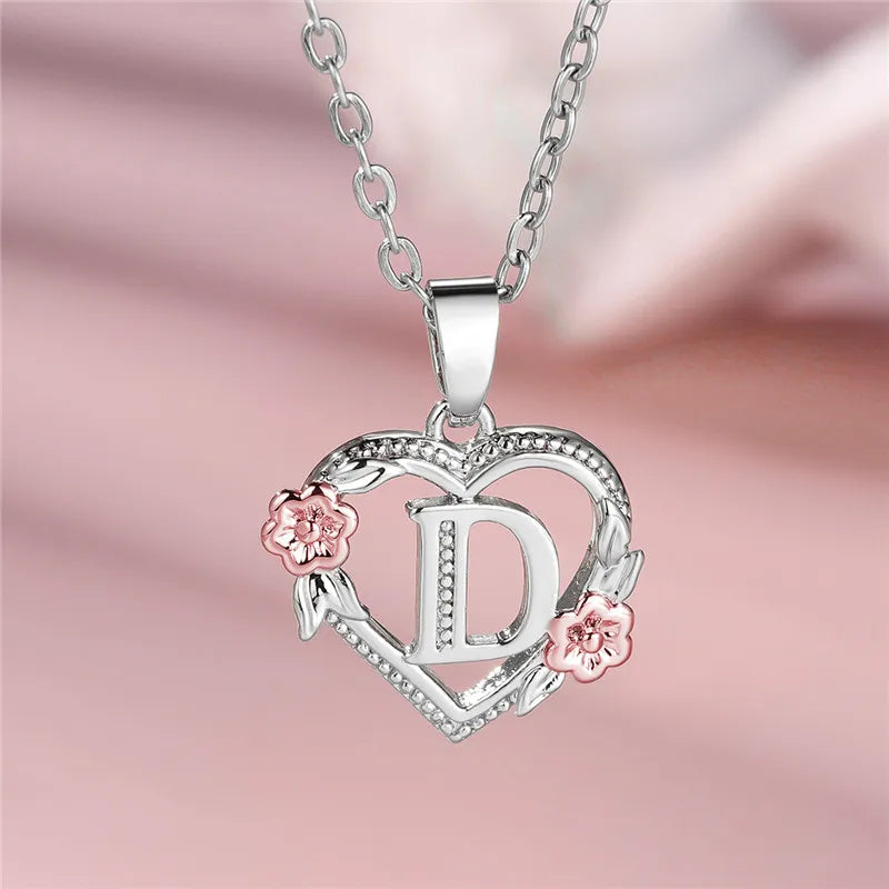 Cute Female A-Z Letter Flower Pendant Necklace Silver Color Wedding Jewelry Gift For Women