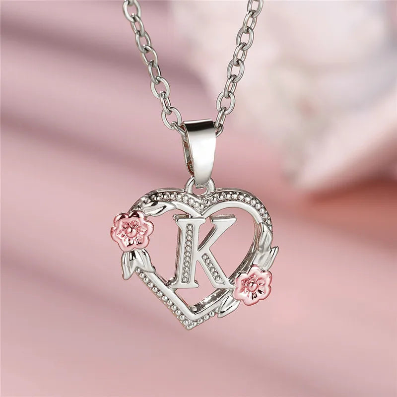 Cute Female A-Z Letter Flower Pendant Necklace Silver Color Wedding Jewelry Gift For Women