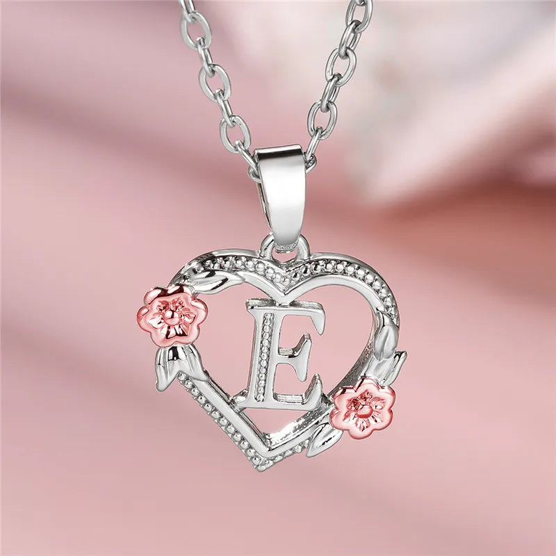 Cute Female A-Z Letter Flower Pendant Necklace Silver Color Wedding Jewelry Gift For Women