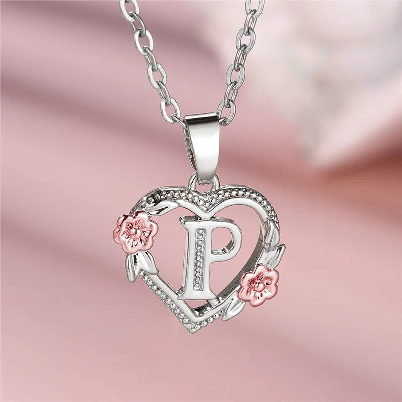 Cute Female A-Z Letter Flower Pendant Necklace Silver Color Wedding Jewelry Gift For Women