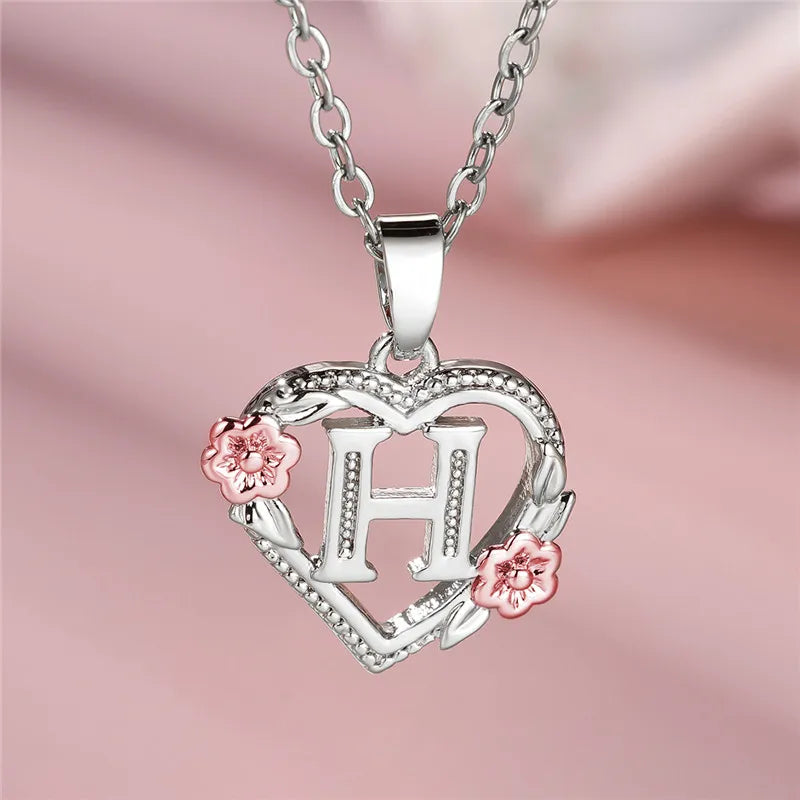 Cute Female A-Z Letter Flower Pendant Necklace Silver Color Wedding Jewelry Gift For Women