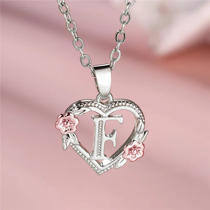 Cute Female A-Z Letter Flower Pendant Necklace Silver Color Wedding Jewelry Gift For Women