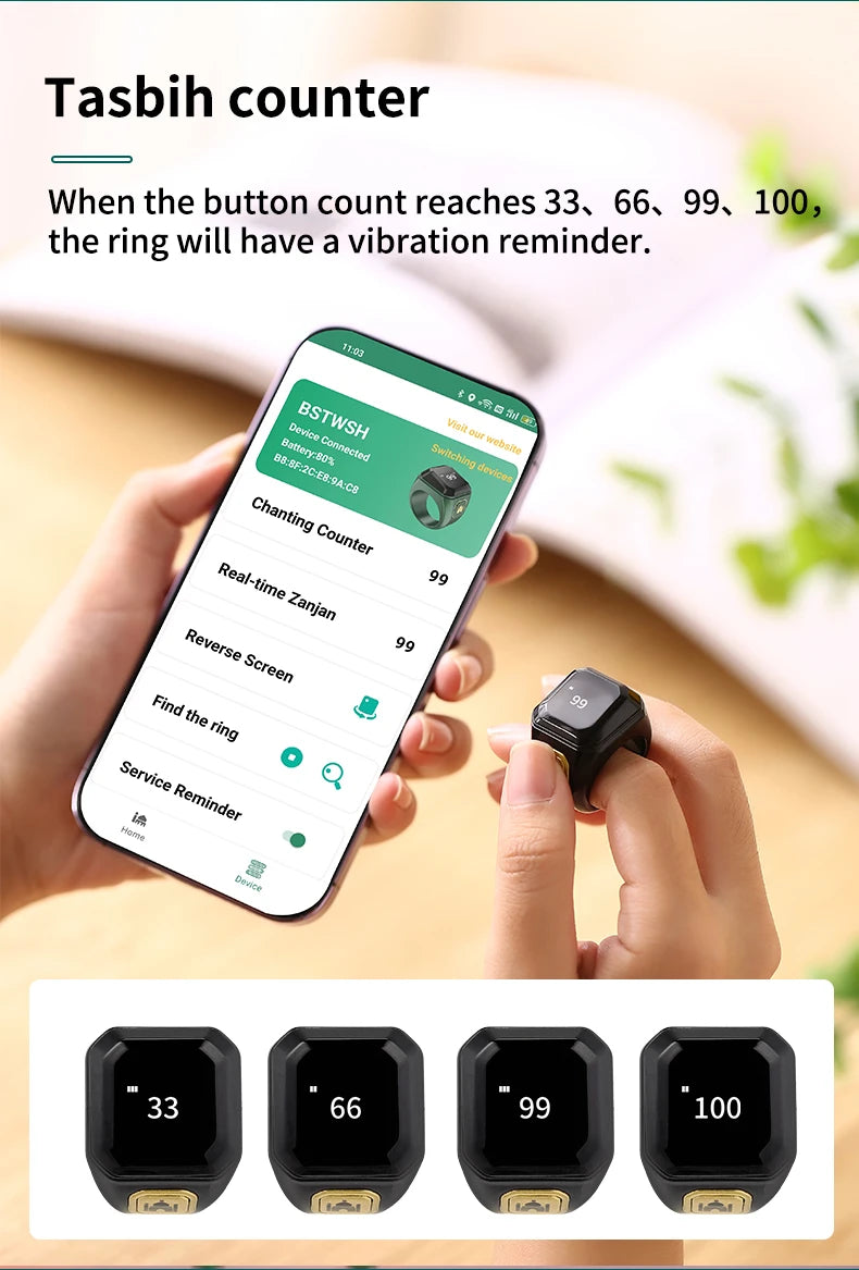 Iqibla Zikr Smart Ring Counter Tasbih For Muslim Tasbeeh Zikr Ring 5 Prayer Time Digital Counter Vibration Reminder Waterproof