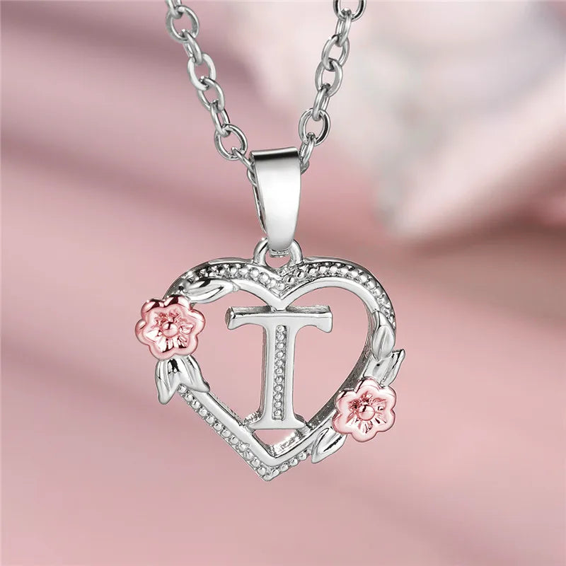 Cute Female A-Z Letter Flower Pendant Necklace Silver Color Wedding Jewelry Gift For Women