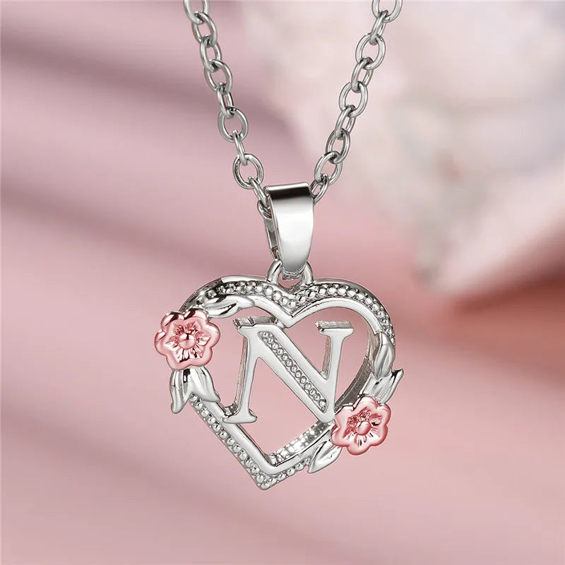 Cute Female A-Z Letter Flower Pendant Necklace Silver Color Wedding Jewelry Gift For Women