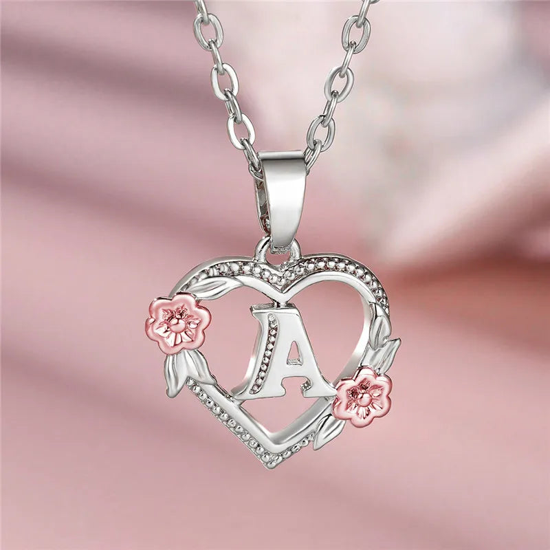 Cute Female A-Z Letter Flower Pendant Necklace Silver Color Wedding Jewelry Gift For Women