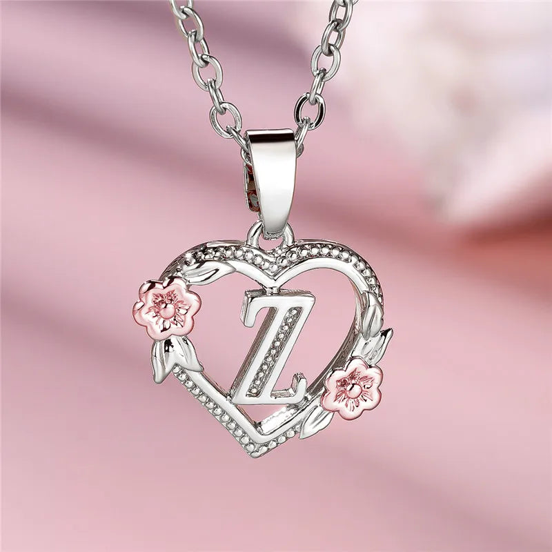 Cute Female A-Z Letter Flower Pendant Necklace Silver Color Wedding Jewelry Gift For Women