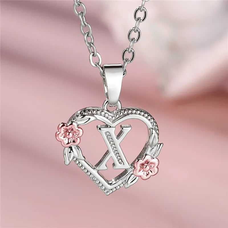 Cute Female A-Z Letter Flower Pendant Necklace Silver Color Wedding Jewelry Gift For Women