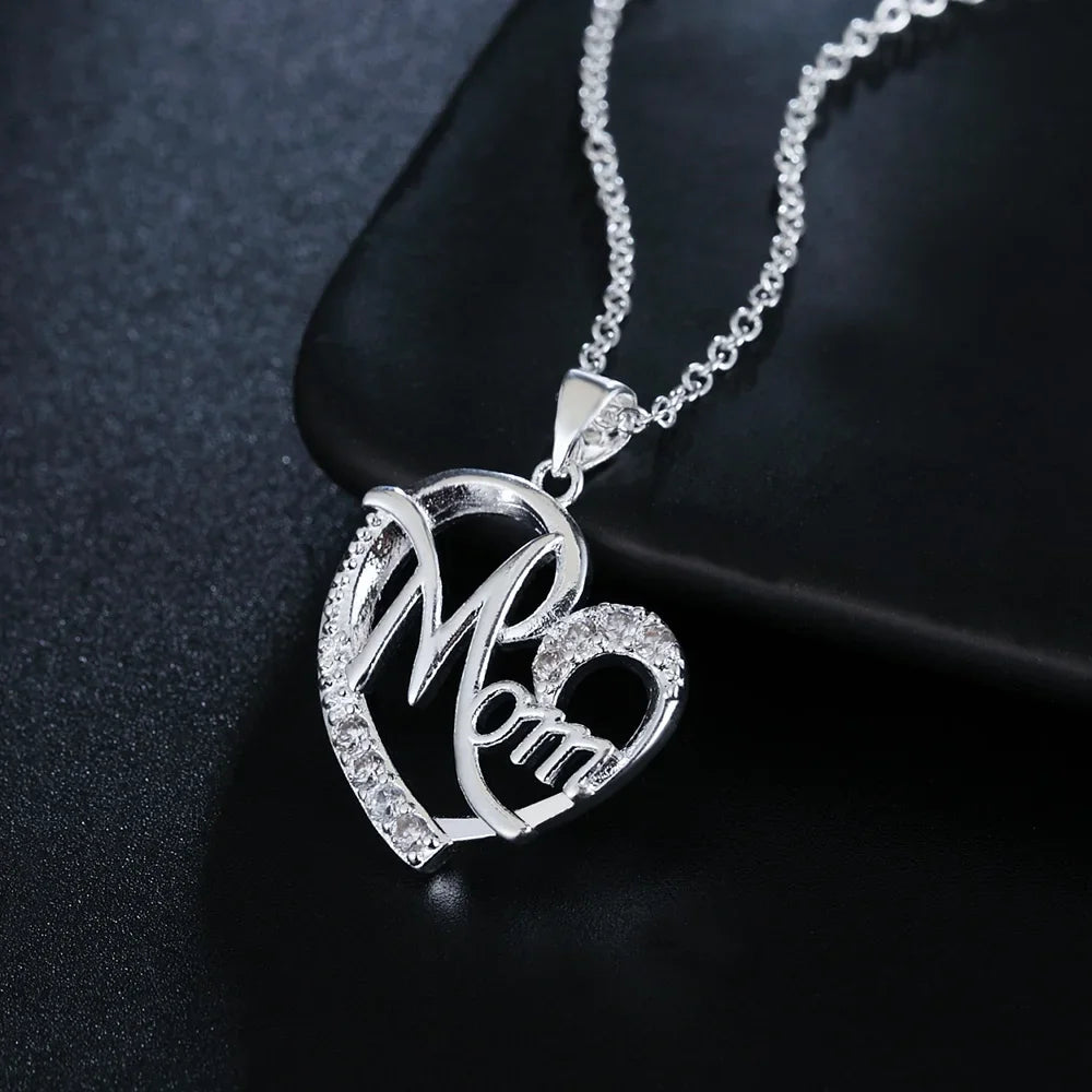 45cm Charms 925 Sterling Silver Elegant MOM Crystal Heart Pendant Necklace for Women Fashion Fine Luxury Designer Jewelry Gifts