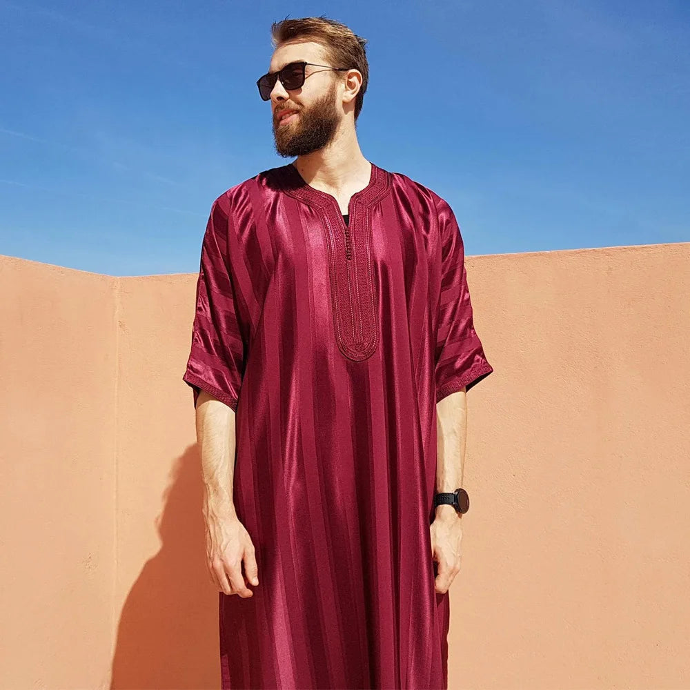 2025 New Men Muslim Abaya Islamic Clothing Men's Embroidered Striped Jubba Thobe Moroccan Dubai Kaftan Eid Prayer Robe Dress