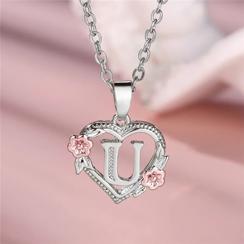 Cute Female A-Z Letter Flower Pendant Necklace Silver Color Wedding Jewelry Gift For Women