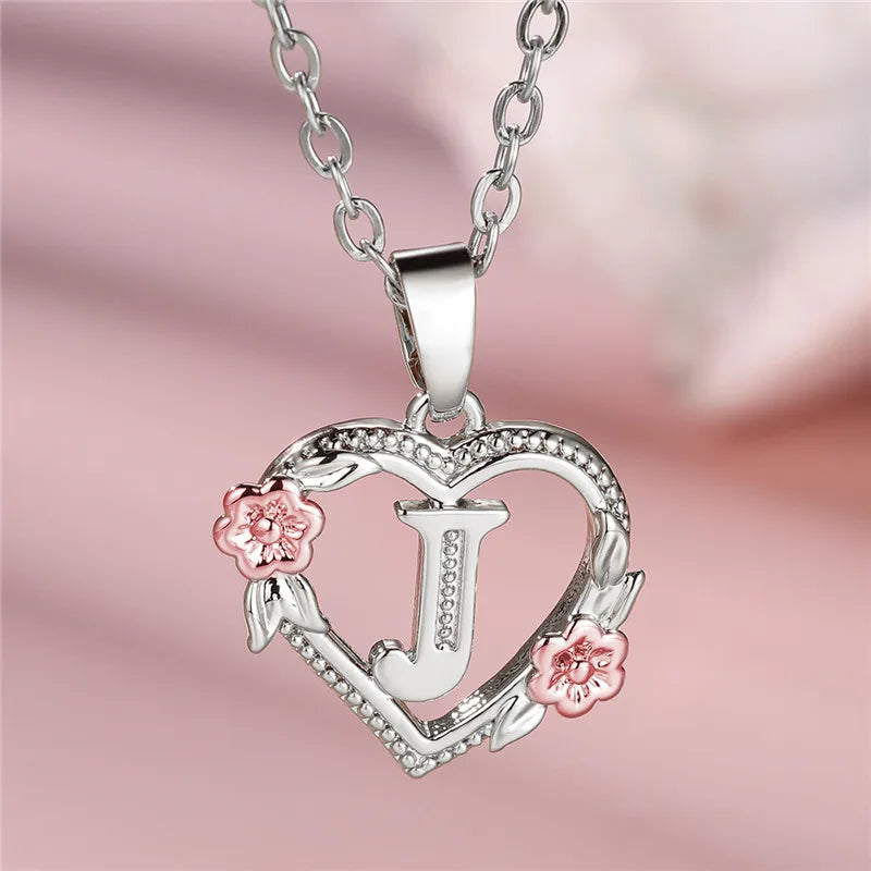 Cute Female A-Z Letter Flower Pendant Necklace Silver Color Wedding Jewelry Gift For Women