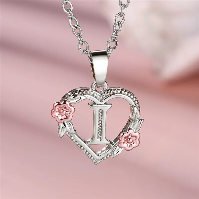 Cute Female A-Z Letter Flower Pendant Necklace Silver Color Wedding Jewelry Gift For Women