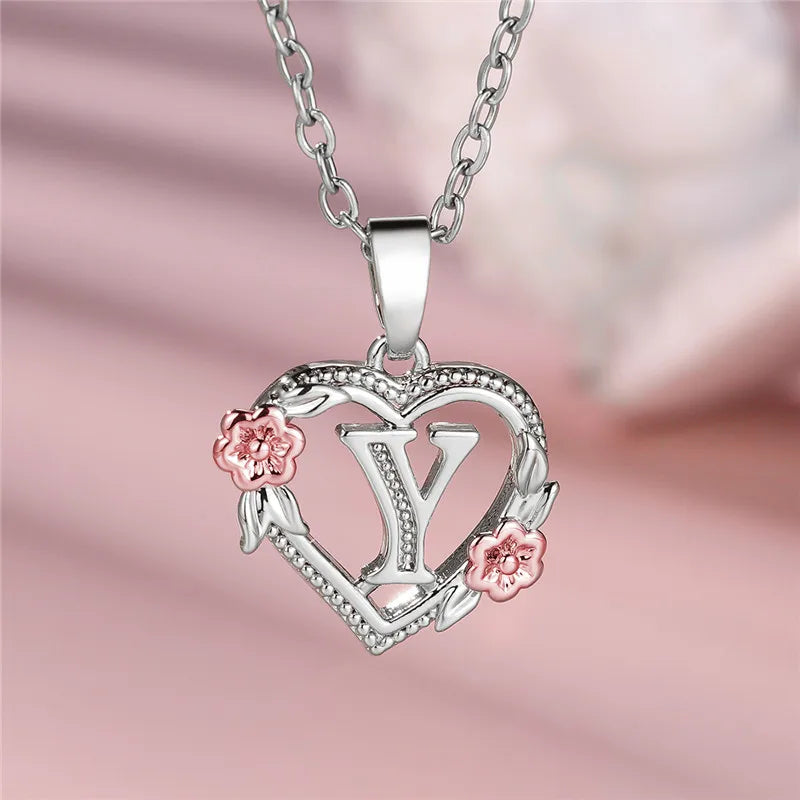 Cute Female A-Z Letter Flower Pendant Necklace Silver Color Wedding Jewelry Gift For Women