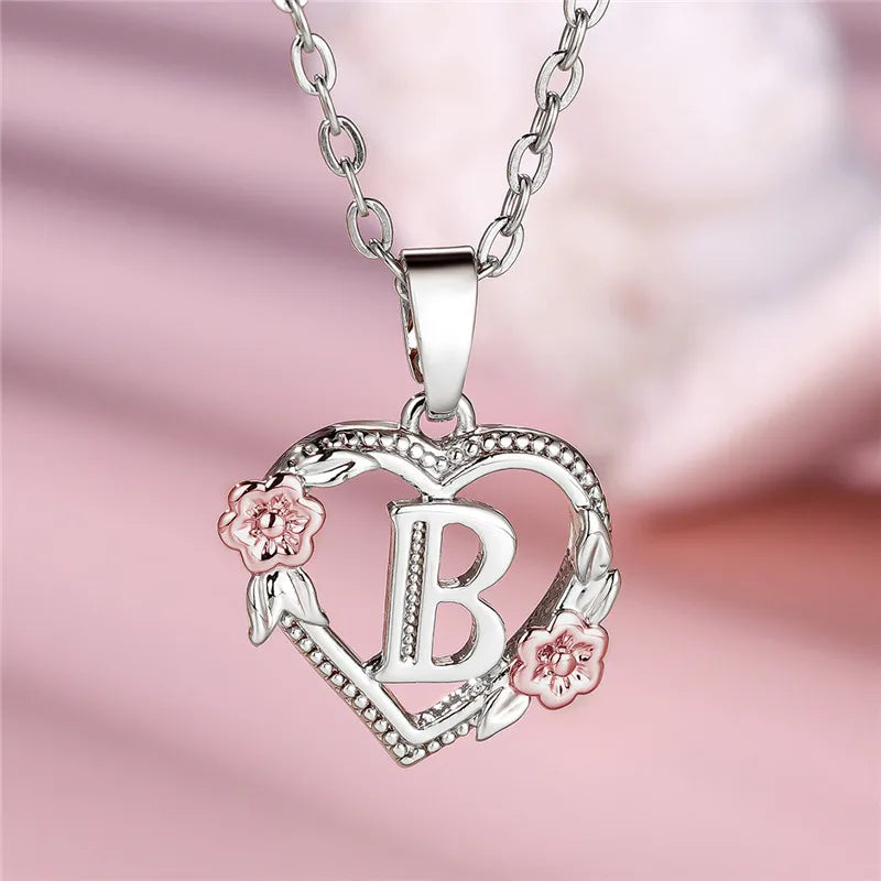 Cute Female A-Z Letter Flower Pendant Necklace Silver Color Wedding Jewelry Gift For Women