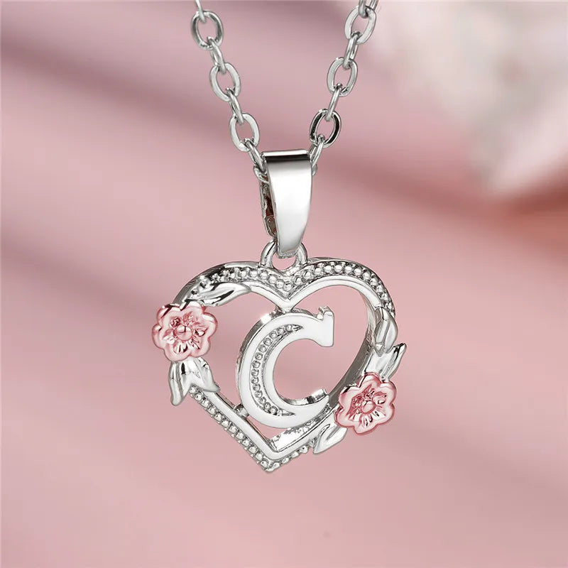 Cute Female A-Z Letter Flower Pendant Necklace Silver Color Wedding Jewelry Gift For Women