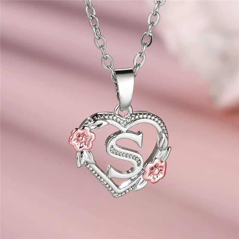 Cute Female A-Z Letter Flower Pendant Necklace Silver Color Wedding Jewelry Gift For Women