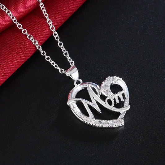 45cm Charms 925 Sterling Silver Elegant MOM Crystal Heart Pendant Necklace for Women Fashion Fine Luxury Designer Jewelry Gifts