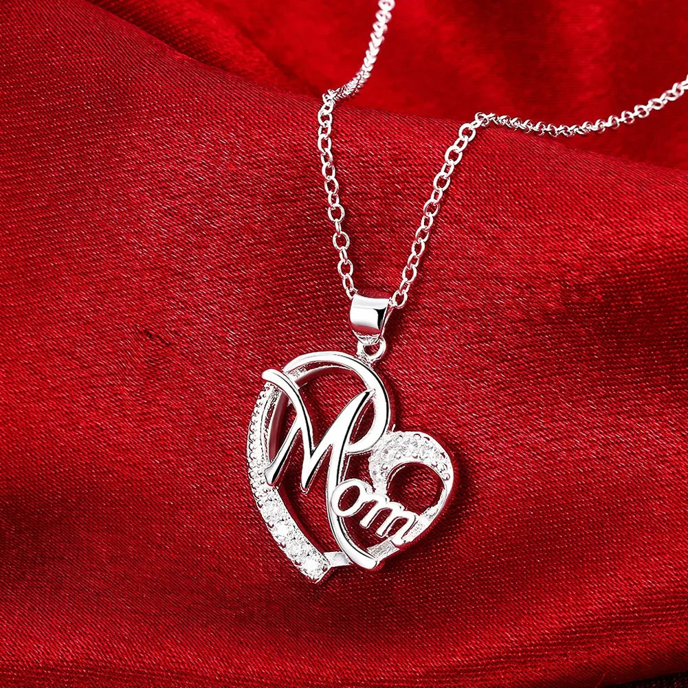 45cm Charms 925 Sterling Silver Elegant MOM Crystal Heart Pendant Necklace for Women Fashion Fine Luxury Designer Jewelry Gifts