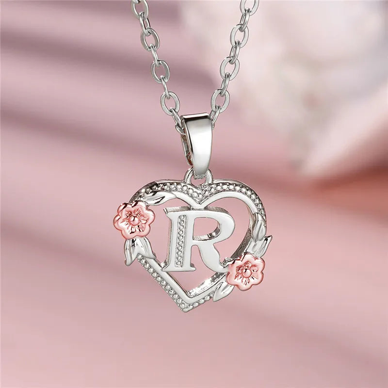 Cute Female A-Z Letter Flower Pendant Necklace Silver Color Wedding Jewelry Gift For Women