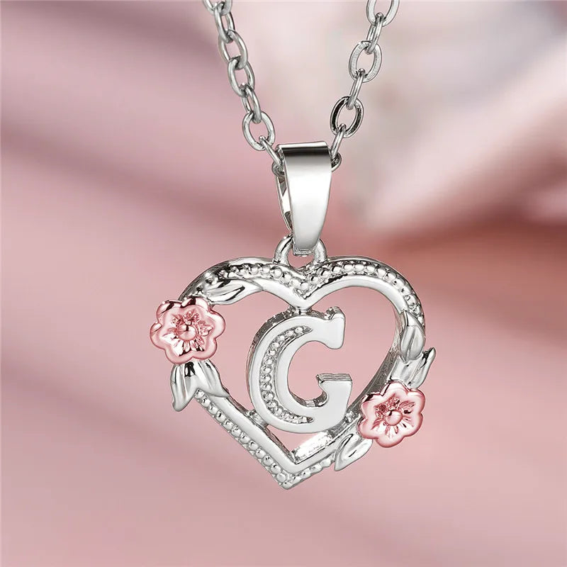 Cute Female A-Z Letter Flower Pendant Necklace Silver Color Wedding Jewelry Gift For Women