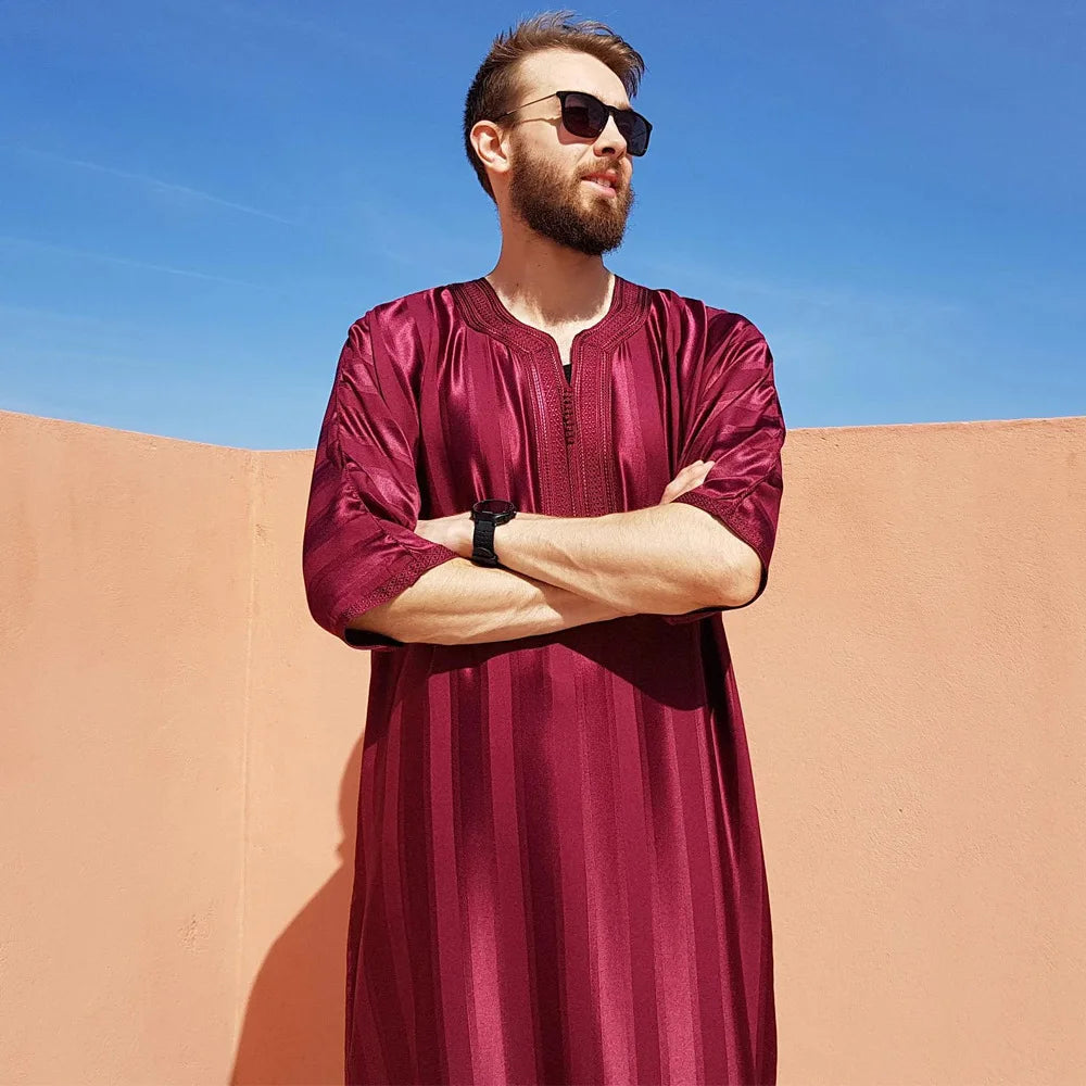 2025 New Men Muslim Abaya Islamic Clothing Men's Embroidered Striped Jubba Thobe Moroccan Dubai Kaftan Eid Prayer Robe Dress