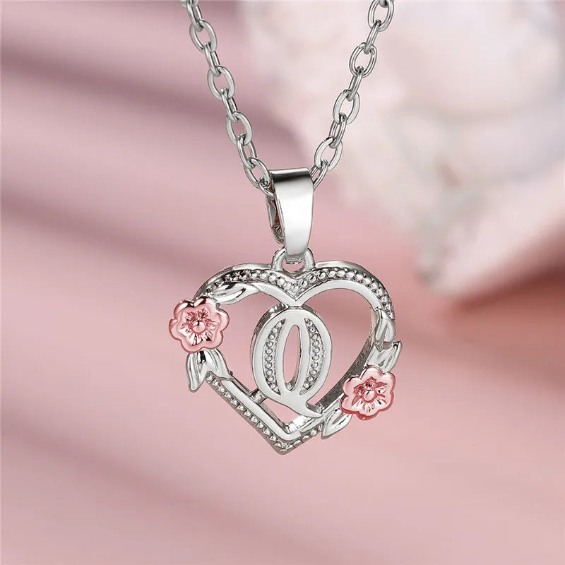 Cute Female A-Z Letter Flower Pendant Necklace Silver Color Wedding Jewelry Gift For Women