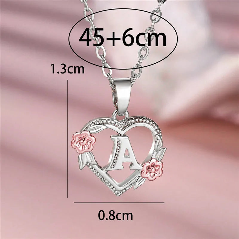 Cute Female A-Z Letter Flower Pendant Necklace Silver Color Wedding Jewelry Gift For Women