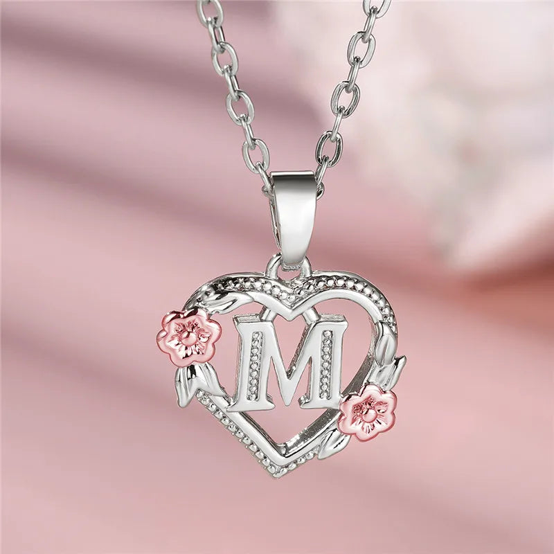 Cute Female A-Z Letter Flower Pendant Necklace Silver Color Wedding Jewelry Gift For Women